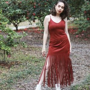 Chelsea & Violet Red Suede Maxi Fringe Dress